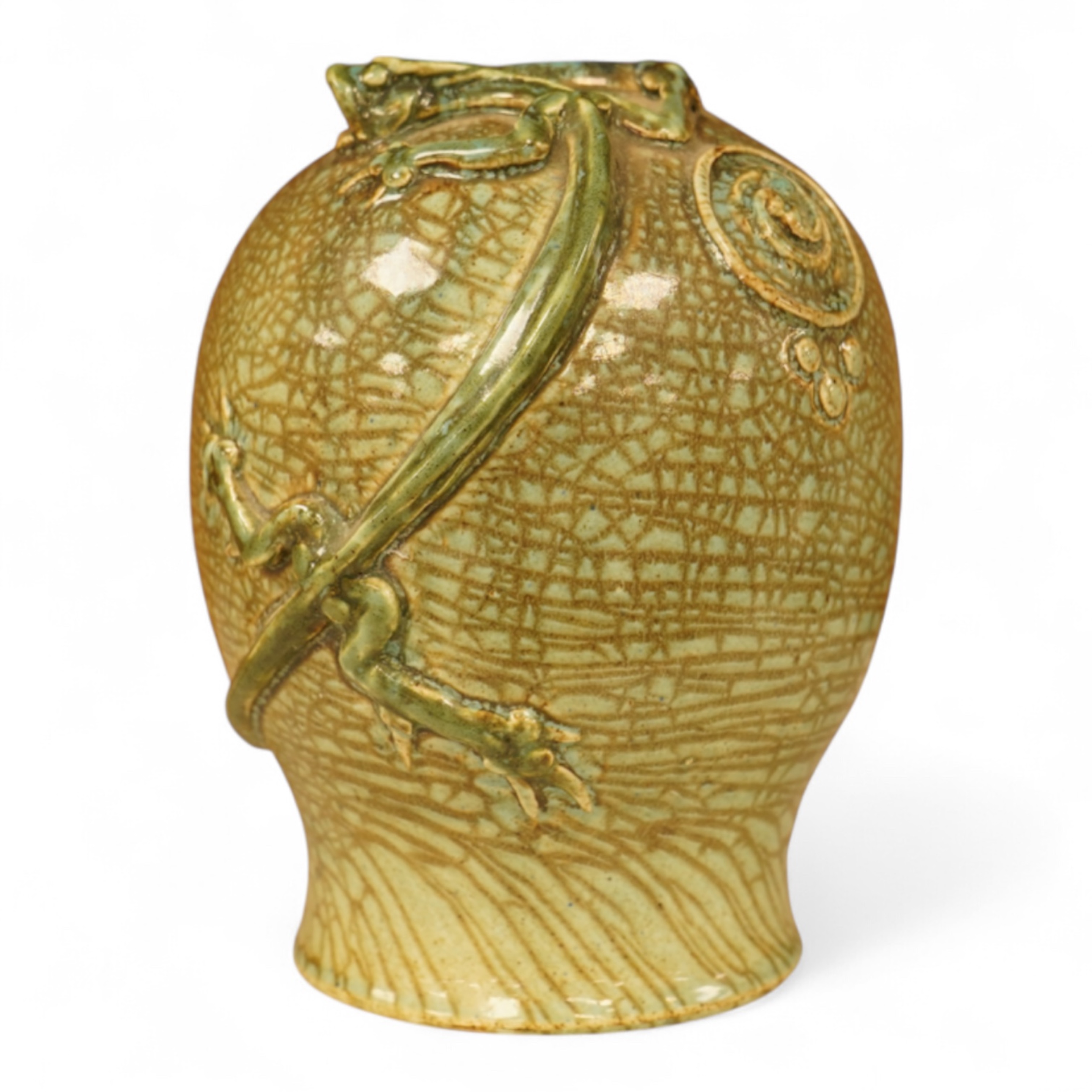 A Mortlake ‘dragon’ vase, monogrammed and dated 1912, 15cm